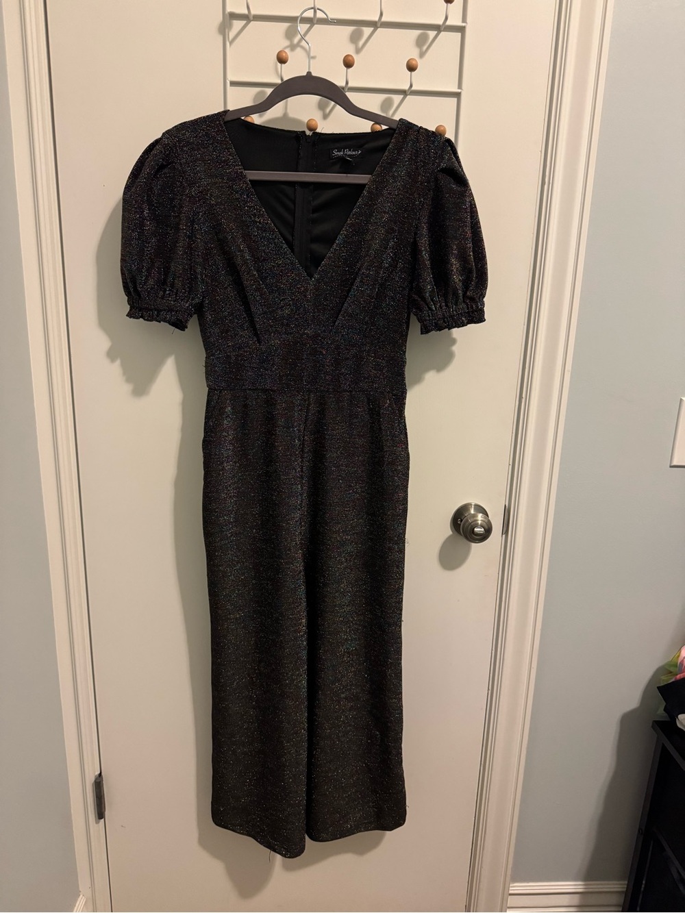Sparkle V-Neck Puff Sleeve Jumpsuit in rainbow shimmer black